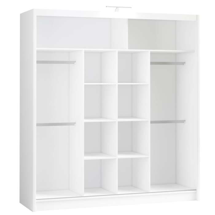 Interior of the white PARIS 203 wardrobe, with 8 shelves and 4 hanging rails