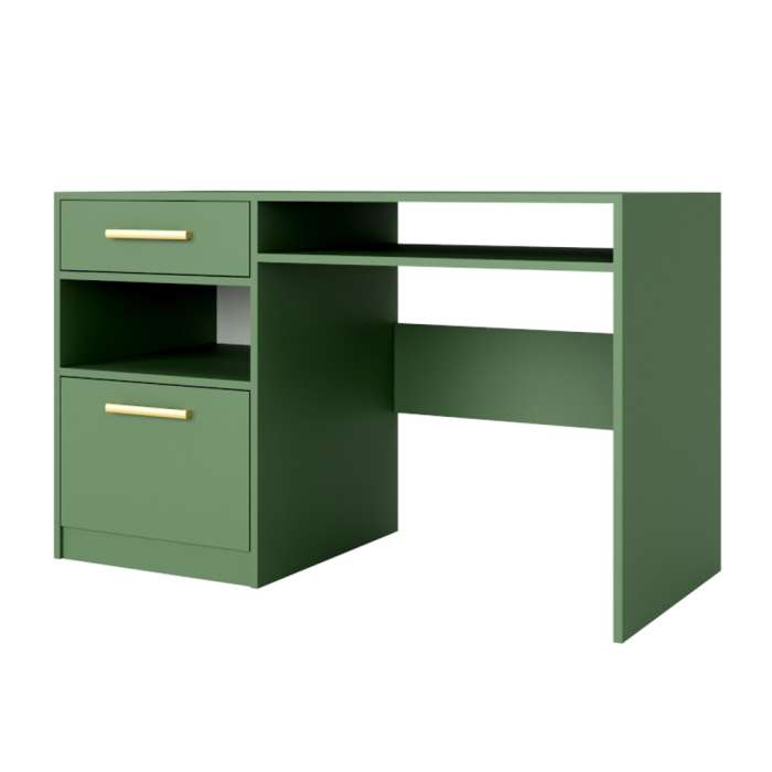 The BALI desk in lincoln green with gold handles.