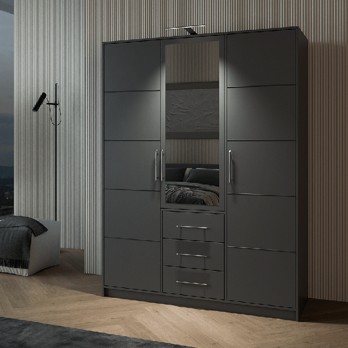 Wardrobe BALI D3 in graphite with additional LED light in cosy living room.