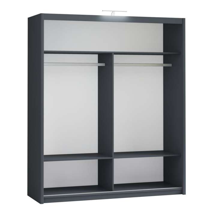 The interior of the PARIS 180cm wardrobe presenting a different configuration of 2 hanging rails and 3 shelves