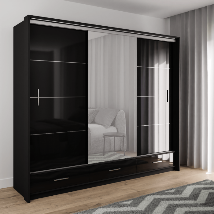 The MARSYLIA wardrobe 255 in black gloss in a modern bedroom.