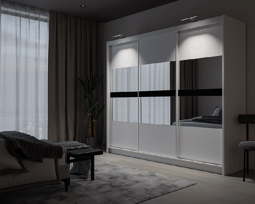 The sliding door BATUMI 250cm white displaying the LED in a cosy bedroom.