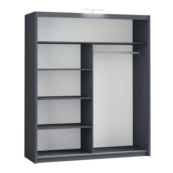 Interior of the graphite PARIS 180 wardrobe, with 4 shelves and a hanging rail
