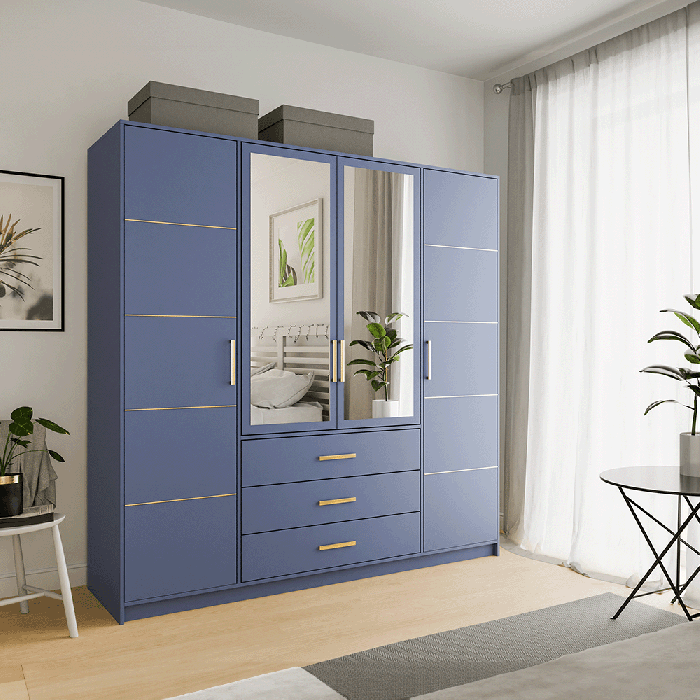 The BALI D4 wardrobe in blue in a modern living room.