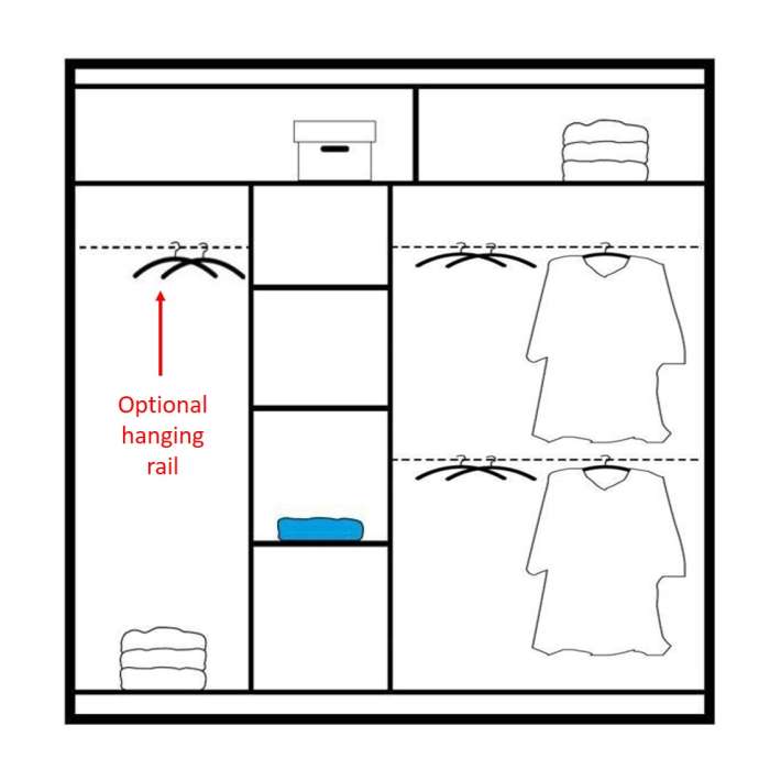 The interior of the SALWADOR 203cm wardrobe presenting a different configuration of 3 hanging rails and 5 shelves.