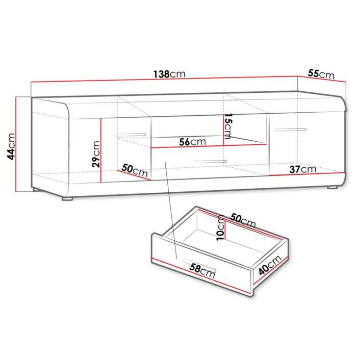 Diagram of TV cabinet 140 LUCUMA LU04 with dimensions