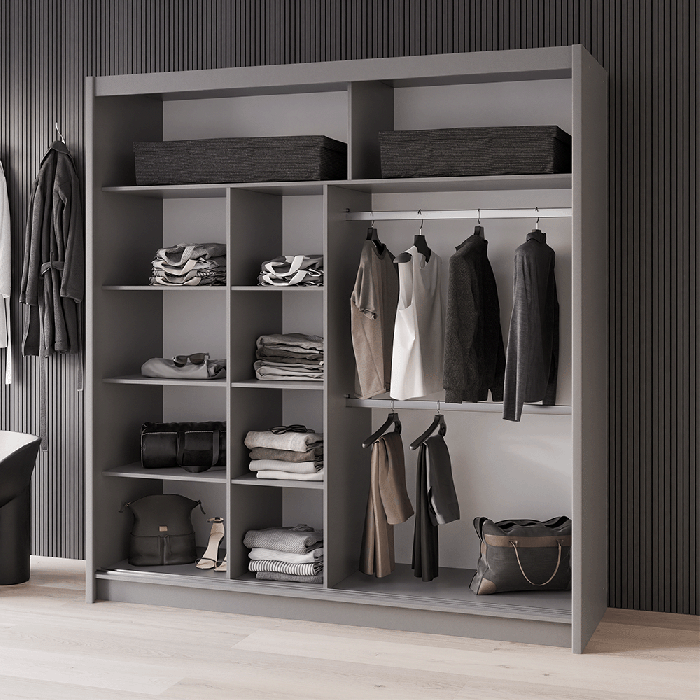 The interior of the BATUMI 203cm wardrobe presenting 2 hanging rails and 8 shelves.