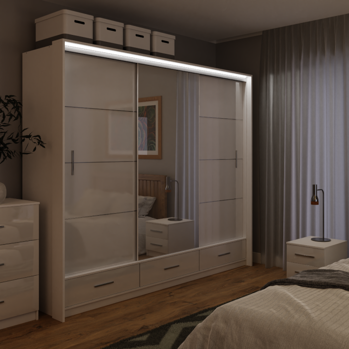 The sliding door wardrobe MARSYLIA 255cm white with mirrored door with LED lighting in a bedroom.