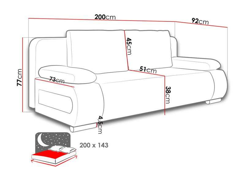 Diagram of Sofa Bed EMILY showing the dimensions