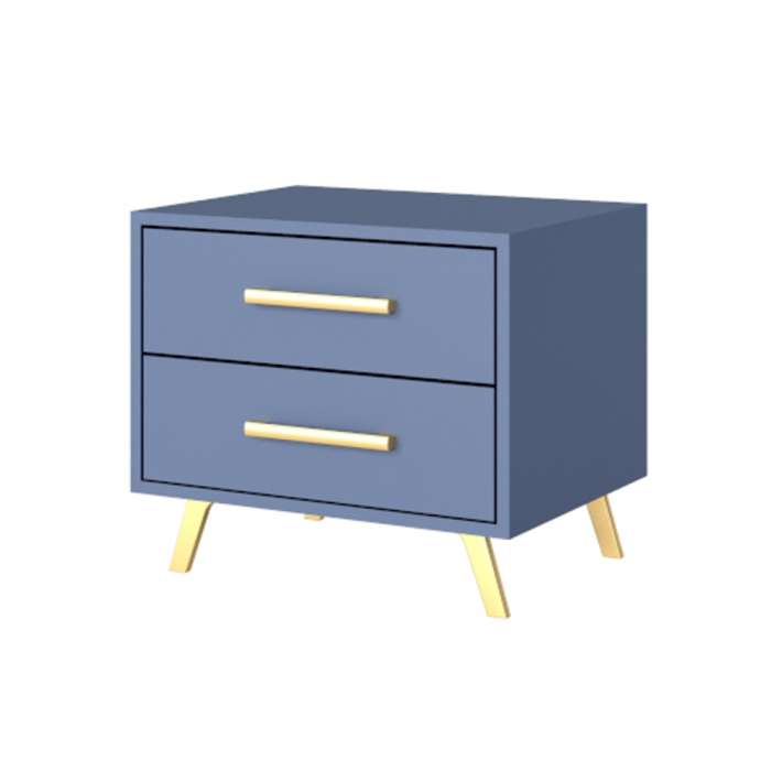 The BALI bedside table in blue with golden legs and handles.