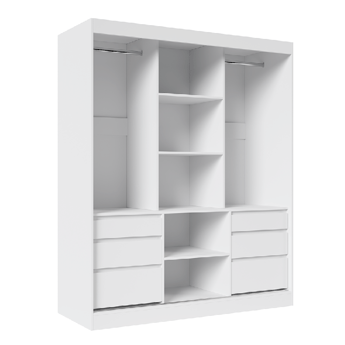 The interior of the HAIDAR 180 white wardrobe presenting 2 hanging rails, 4 shelves, and 6 drawers