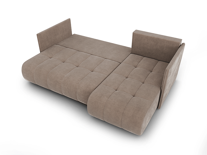 The taupe unfolded corner sofa NESSA presenting sleeping area.