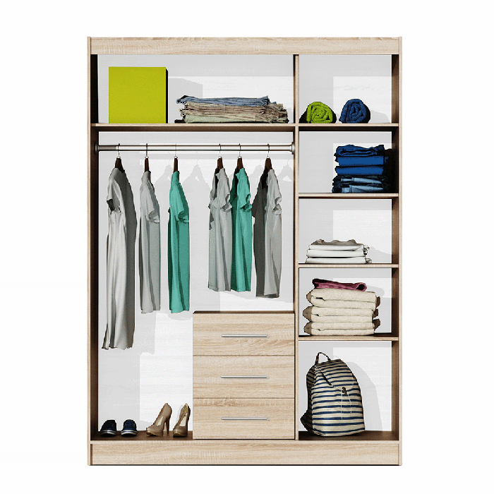 The interior of the BALI D3 wardrobe presenting 5 shelves, 1 hanging rail and 3 drawers.
