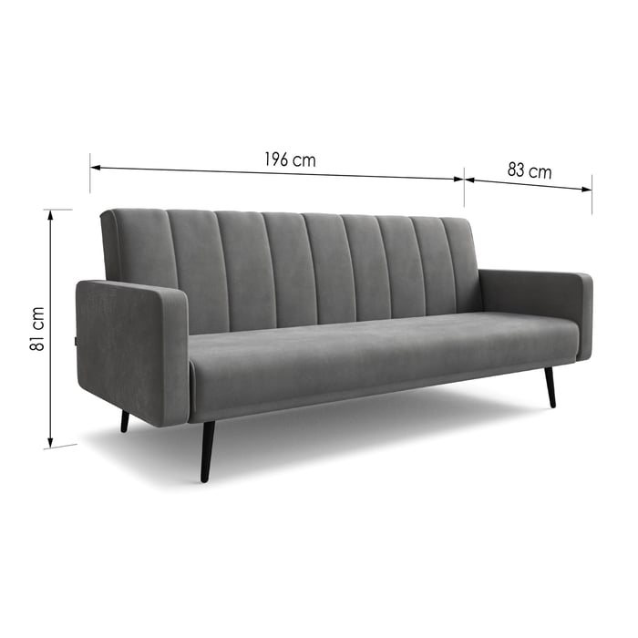 The sofa bed Annie in dark grey presenting the dimensions.