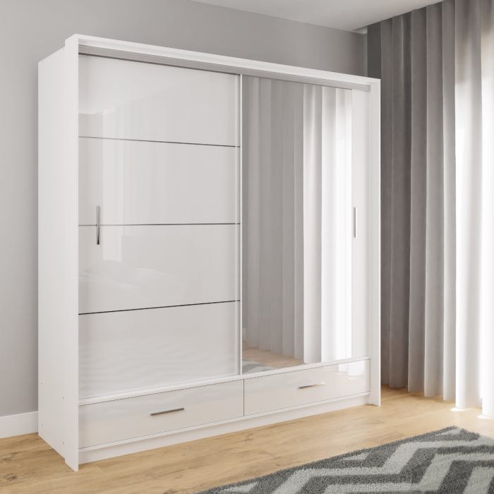 The sliding door wardrobe MARSYLIA 208cm white with mirrored door in a bedroom.