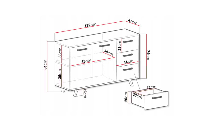 Diagram of sideboard BALI with dimensions