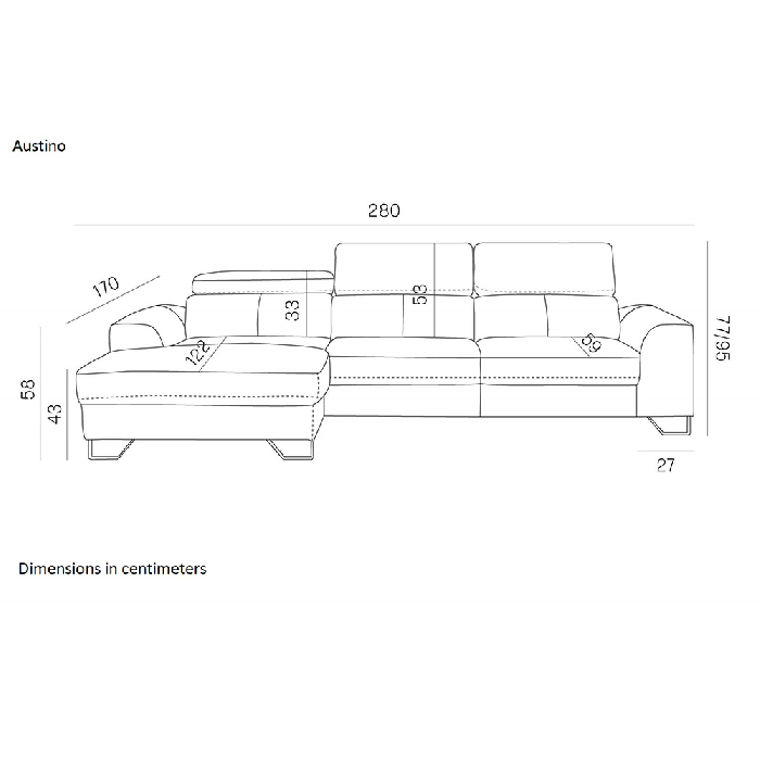 Diagram of corner sofa bed AUSTINO 1 with dimensions