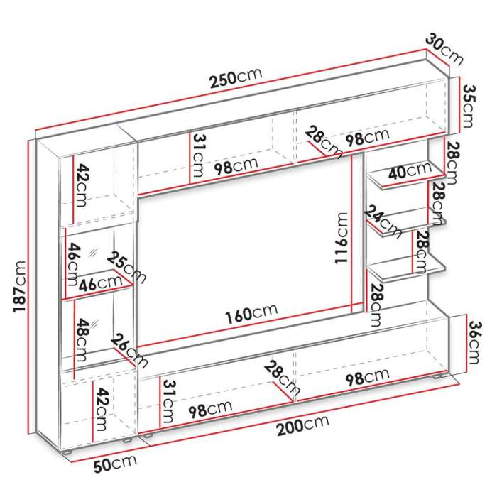 Diagram showing dimensions for Wall Unit LANDAM