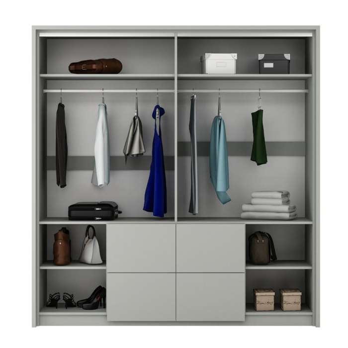 The interior of the WIEDEN wardrobe, presenting 6 shelves, 2 hanging rails and 4 drawers.