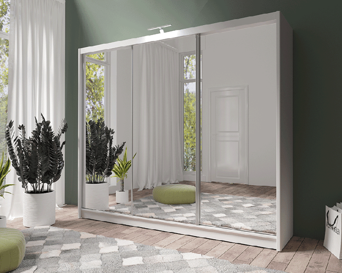 PARIS LUX 250cm white sliding door wardrobe with full-length mirrors, in a bedroom