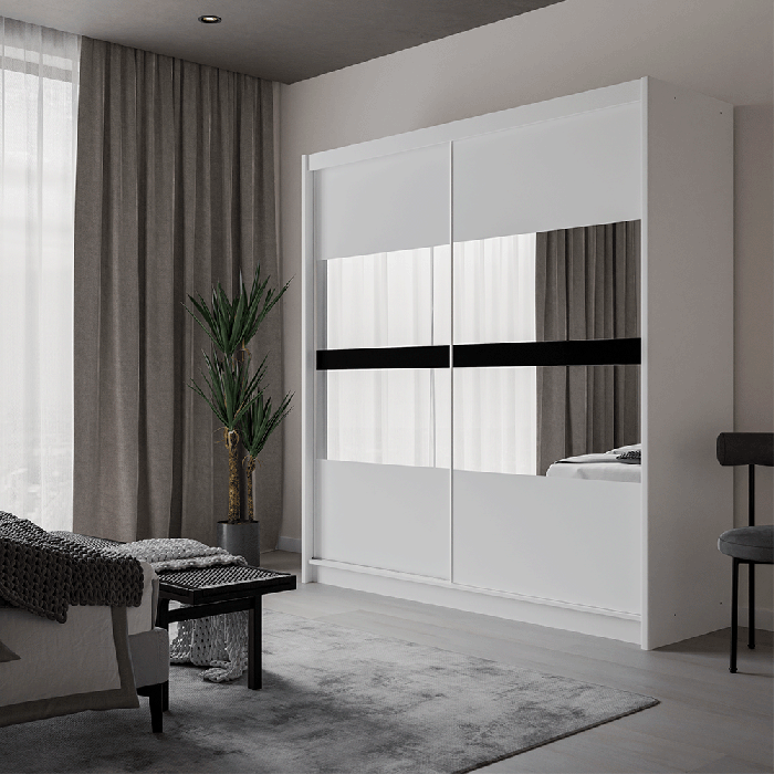 The sliding door wardrobe BATUMI 203cm white with mirrored doors in a cosy bedroom.