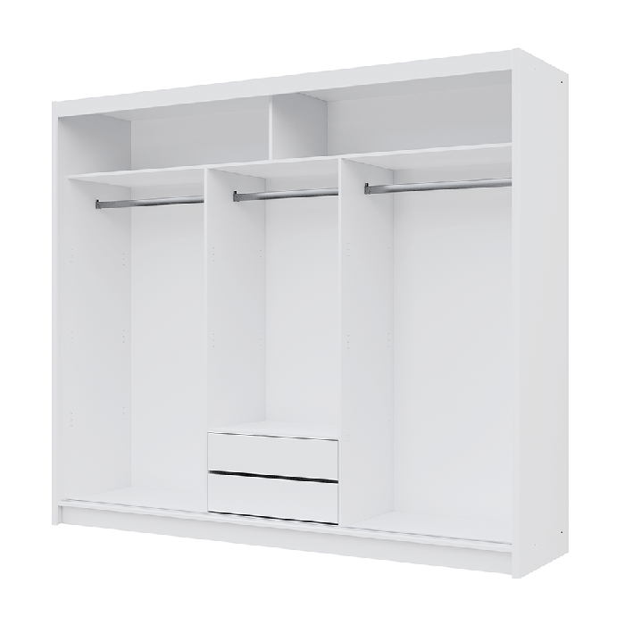 The interior of the VISTA wardrobe 250cm presenting a different configuration of 3 hanging rails,2 shelves and 2 drawers.