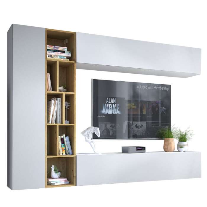 Wall Unit KATECH in White / White + Oak Artisan