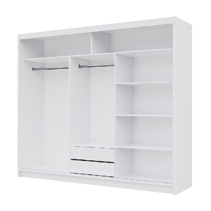 The interior of the VISTA wardrobe white 250cm presenting a different configuration of 2 hanging rails, 5 shelves and 2 drawers.
