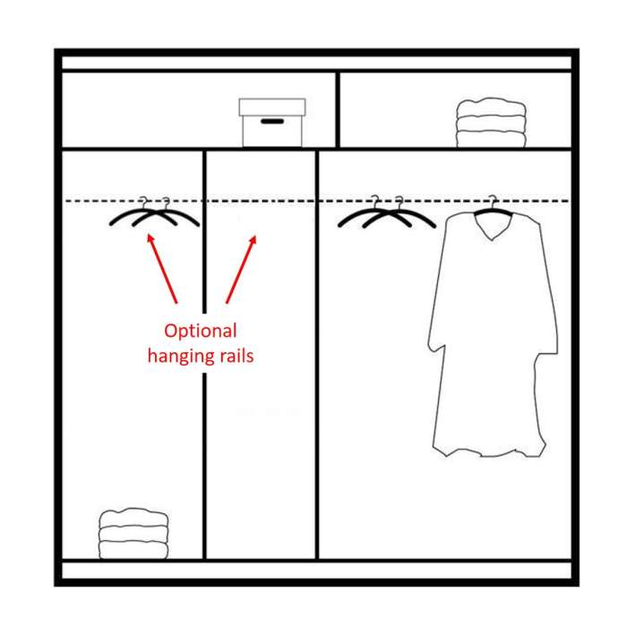 The interior of the SALWADOR 203cm wardrobe presenting a different configuration of 3 hanging rails and 2 shelves.