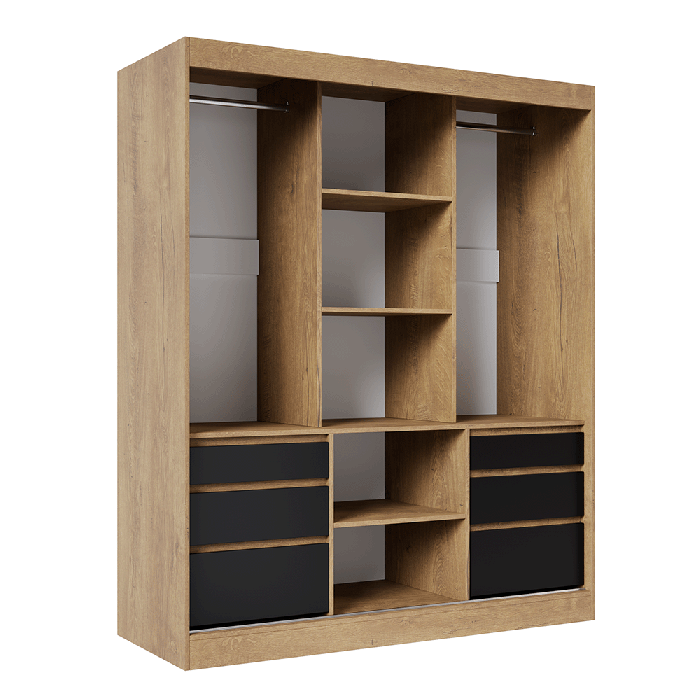 The interior of the HAIDAR 180 oak lefkas / black wardrobe presenting 2 hanging rails, 4 shelves, and 6 drawers