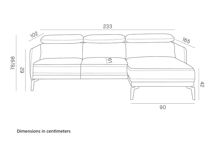 Diagram of corner sofa sedally showing dimensions