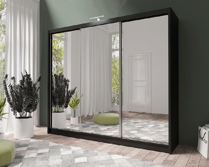 PARIS LUX 250cm black sliding door wardrobe with full-length mirrors, in a bedroom