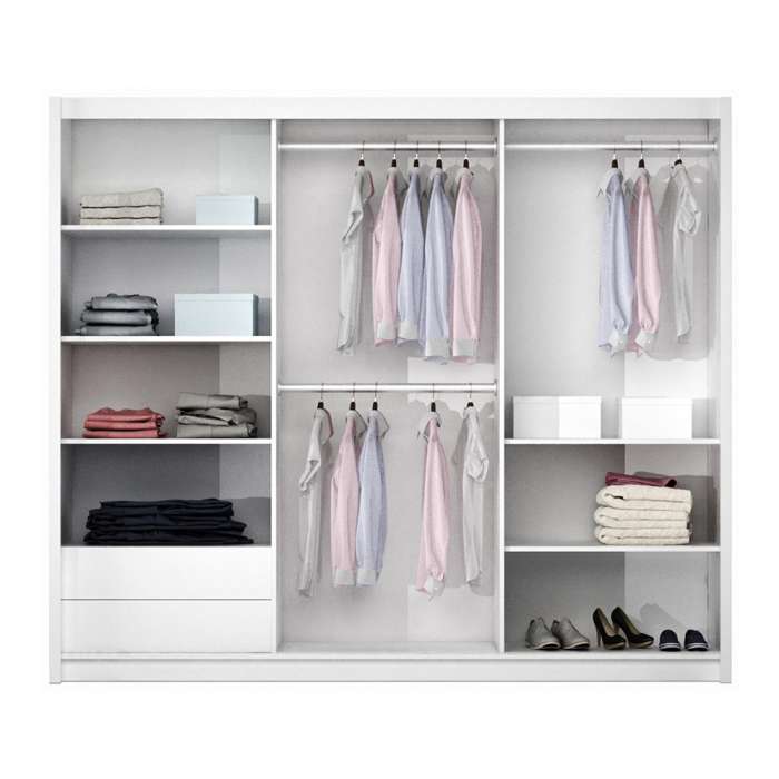 The interior of the VIGO 250cm wardrobe presenting 5 shelves, 3 hanging rails and 2 drawers