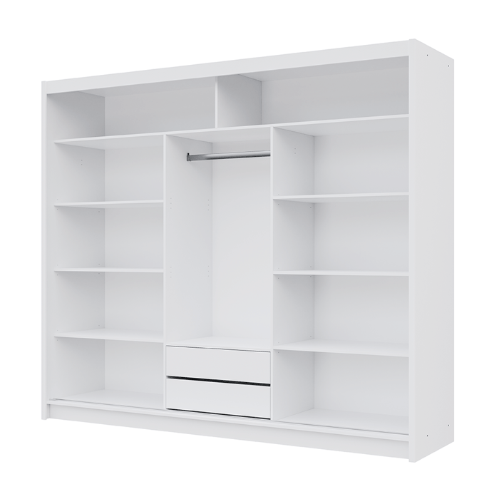 The interior of the MONAKO 250cm wardrobe presenting 8 shelves, 1 hanging rail and 2 drawers