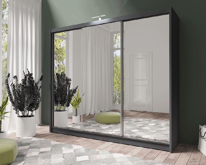 PARIS LUX 250cm graphite sliding door wardrobe with full-length mirrors, in a bedroom