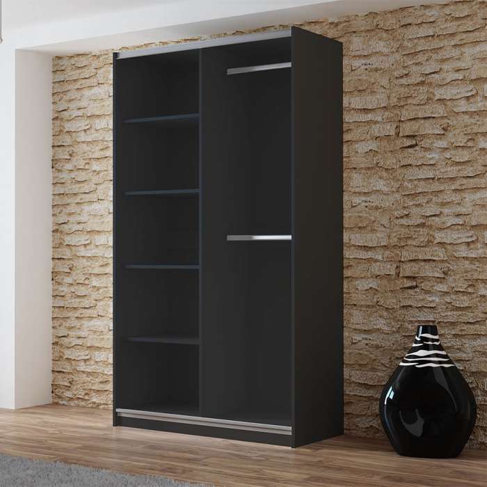 The interior of the VIGO 120cm wardrobe presenting 4 shelves on left, 2 hanging rails on the right