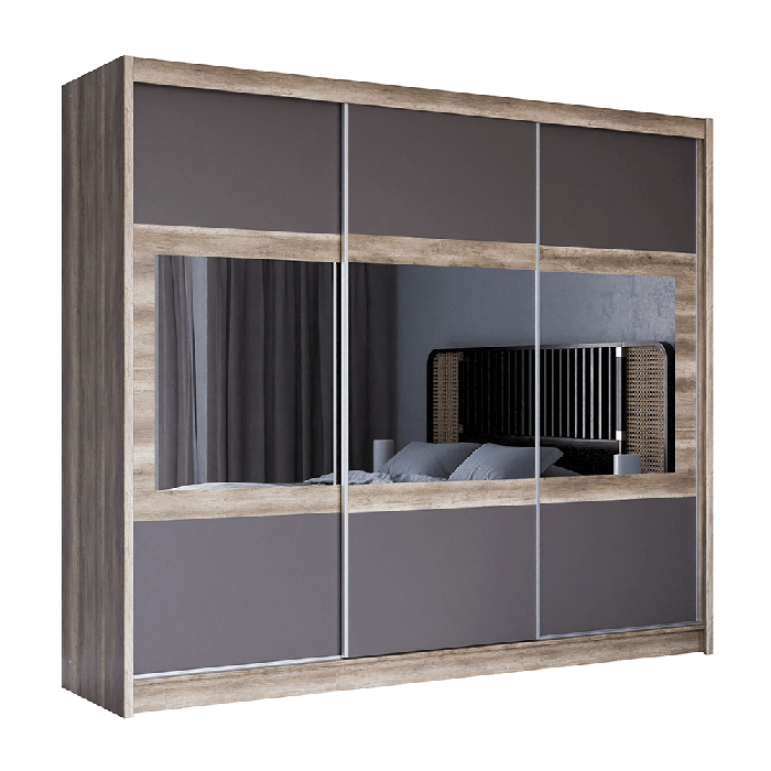 The sliding door wardrobe SALWADOR 250cm oak canyon + lava with horizontal mirrors on doors.