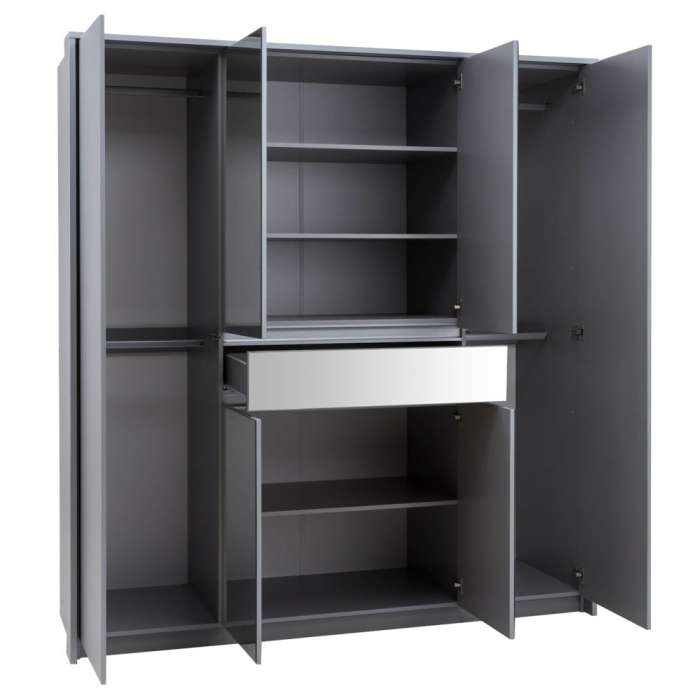 The interior of the hinged door wardrobe SPLIT 200cm graphite presenting 4 hanging rails, 3 shelves and a drawer