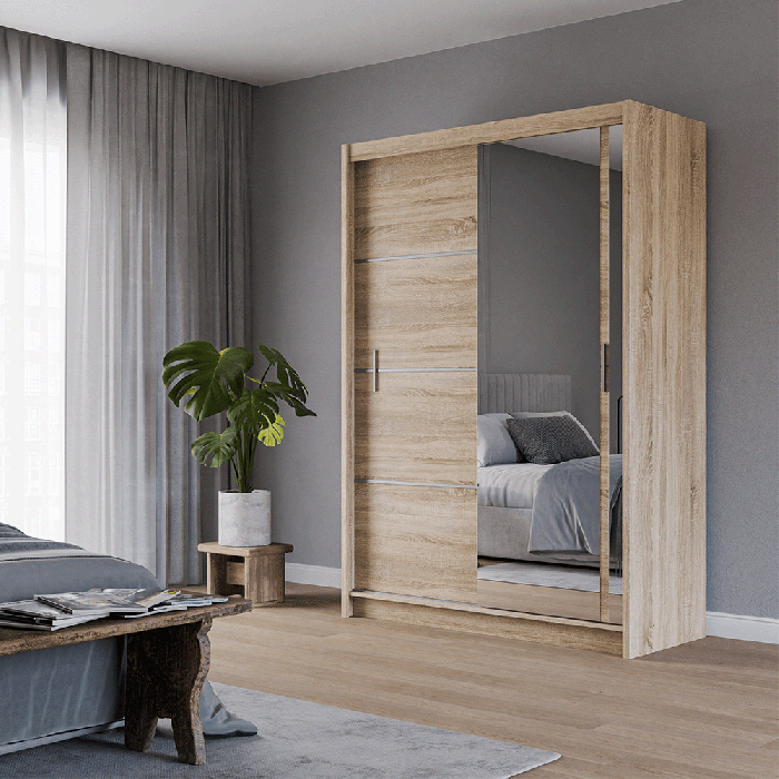 The sliding door VISTA 150cm oak sonoma with mirrored door in a cosy bedroom.