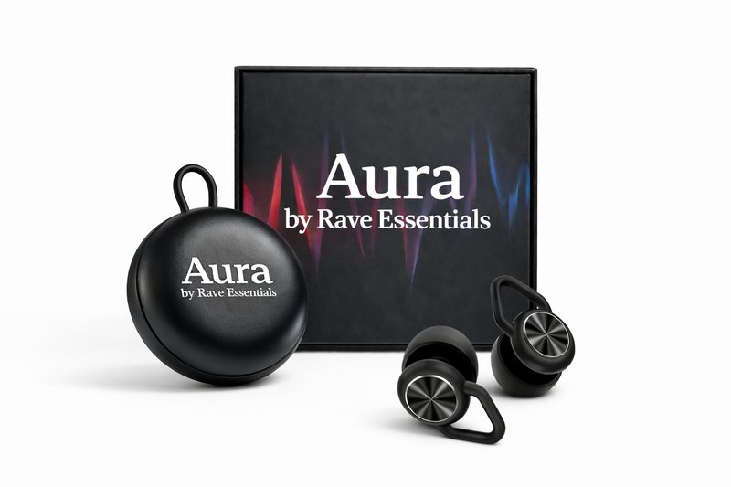 Aura Earplugs full packaging with branded carrying case, earplugs, and box with sound wave design