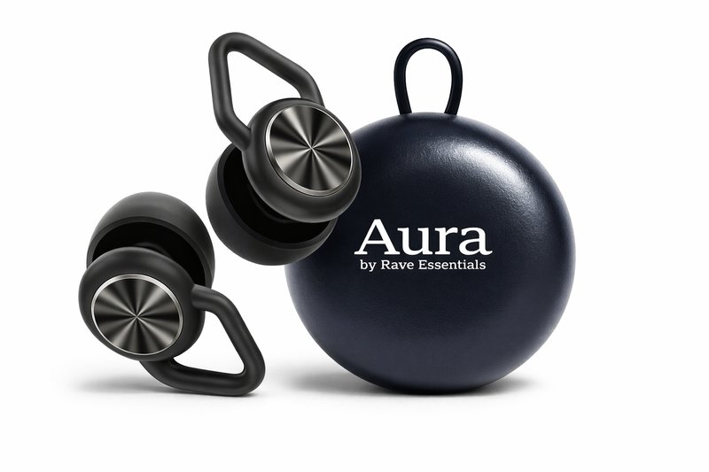 Aura Earplugs by Rave Essentials with carrying case, high-fidelity concert earplugs with silver acoustic filters