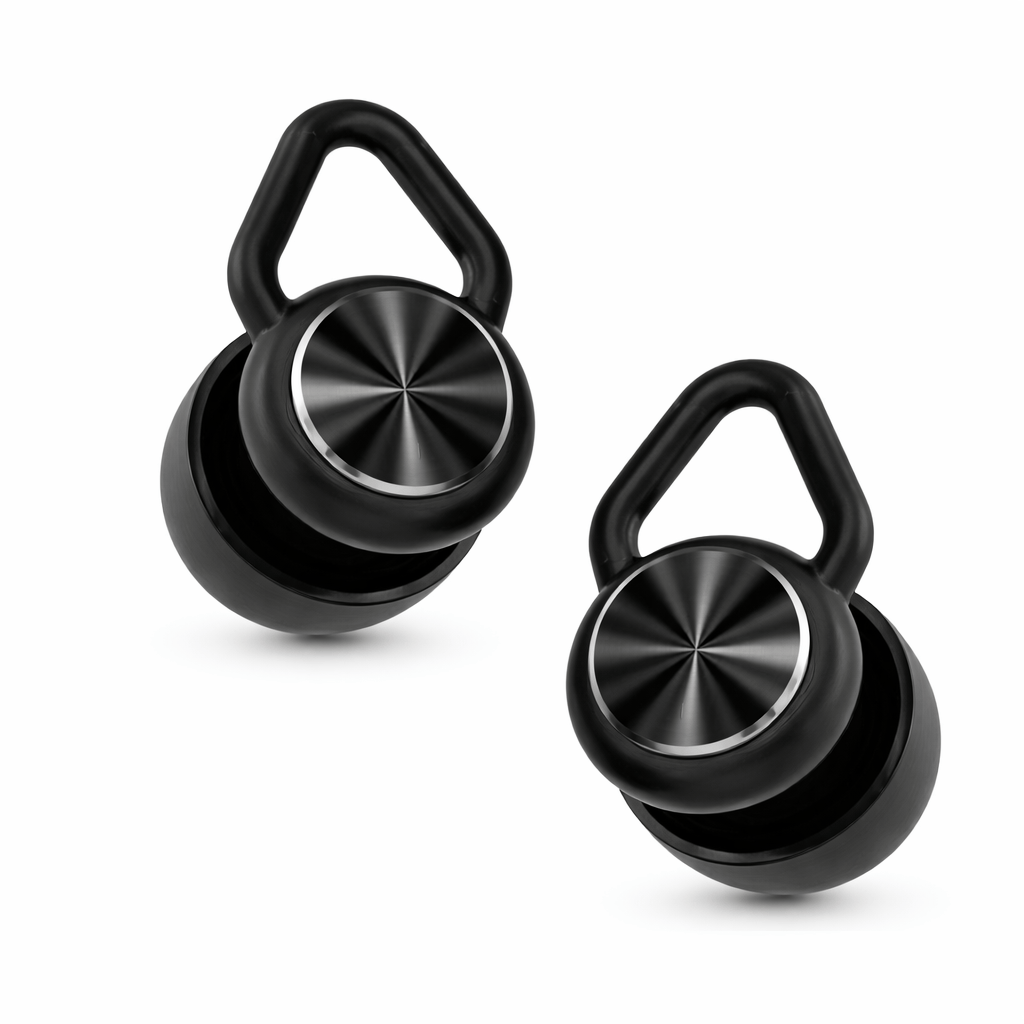 Pair of Aura Earplugs showing silver acoustic filter detail and silicone ear tips