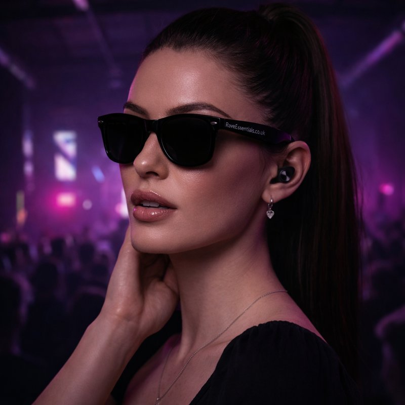 Close-up of model wearing discreet Aura Earplugs at a festival with purple neon lighting and Rave Essentials sunglasses