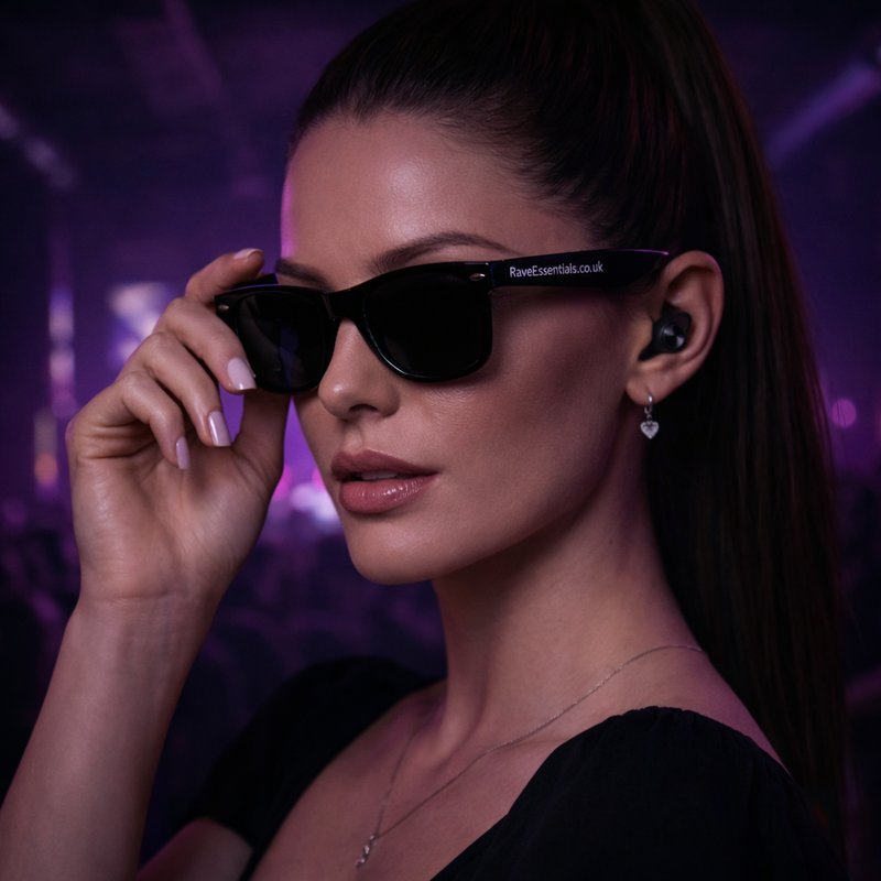 Model wearing Aura Earplugs at a rave with purple stage lighting and Rave Essentials sunglasses