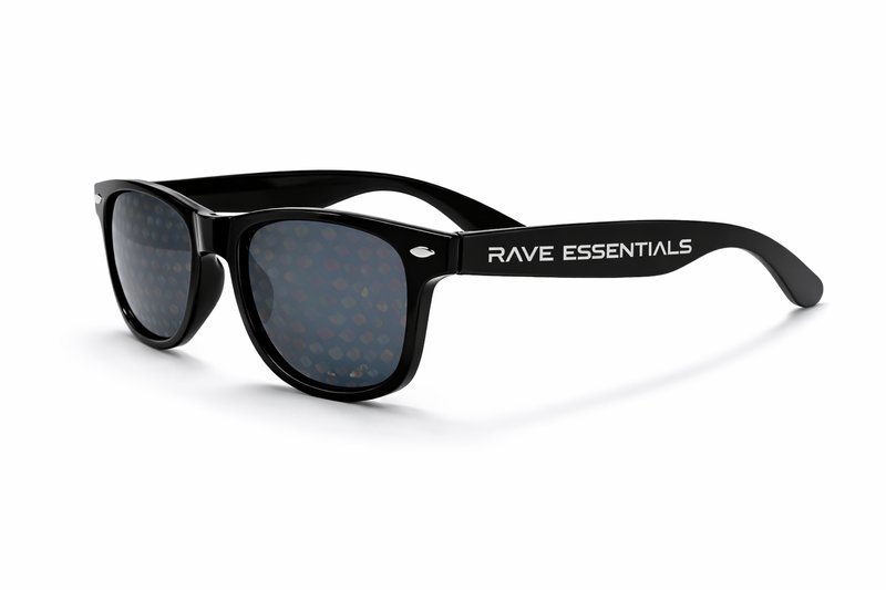 Rave Essentials diffraction glasses side angle showing branded temple arm