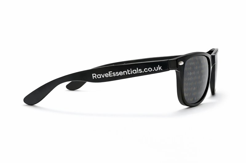Rave Essentials diffraction glasses rear view showing RaveEssentials.co.uk branding