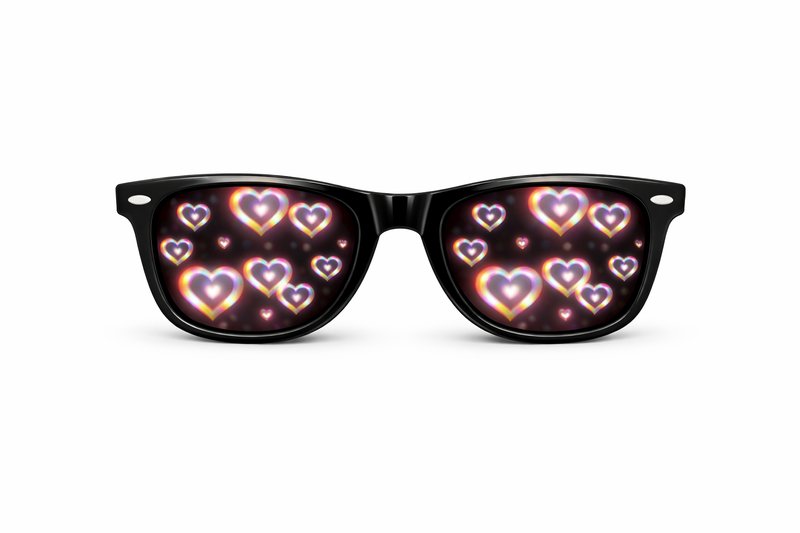 Rave Essentials heart effect diffraction glasses showing rainbow heart light pattern