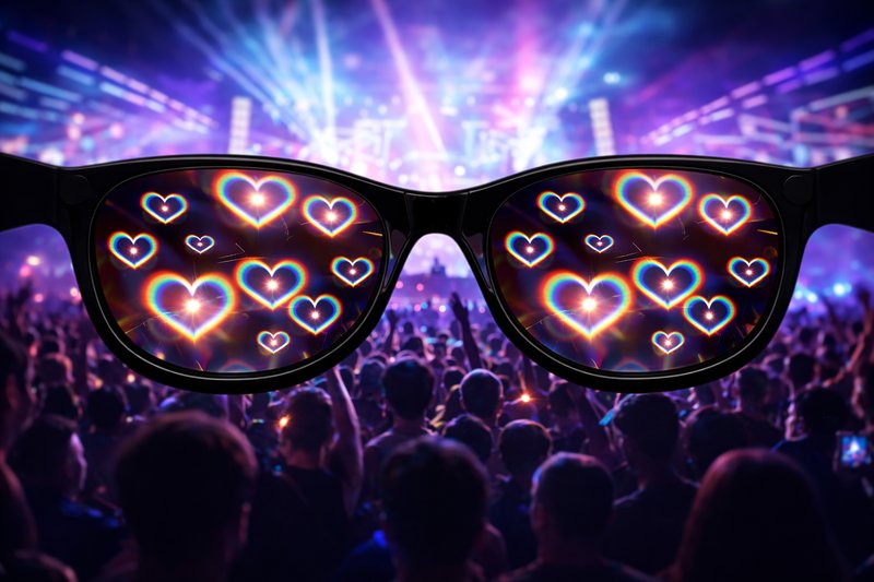 Heart effect diffraction glasses point of view at a festival with rainbow hearts and crowd