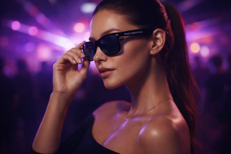 Woman wearing Rave Essentials diffraction glasses at a festival with purple laser lights in the background