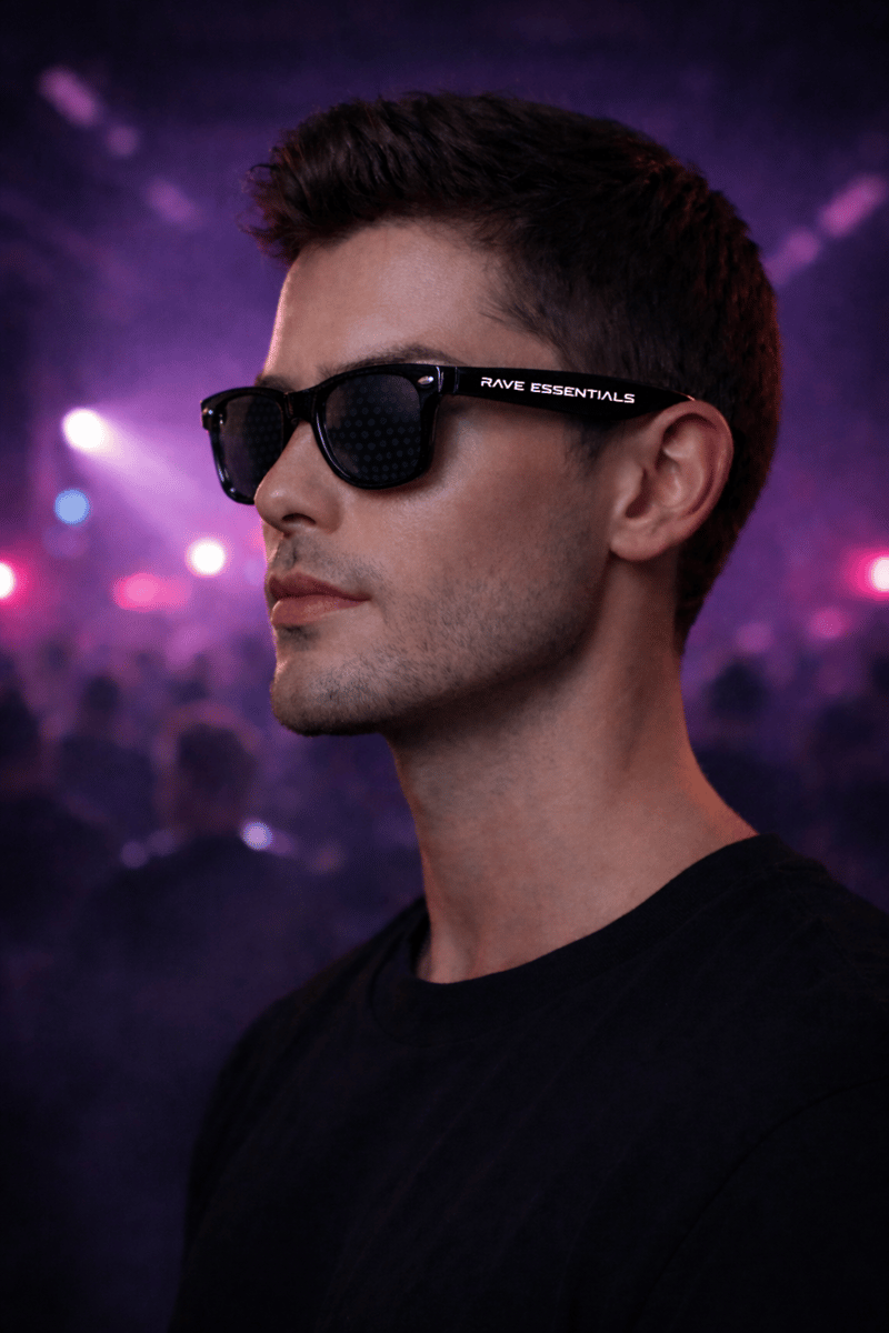 Man wearing Rave Essentials diffraction glasses at a rave with purple stage lights